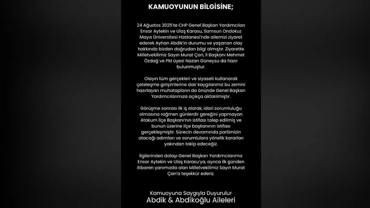 Abdikoğlu Ailesinden Açıklama: CHP Atakum'ta İstifa Kararı Genel Merkezden