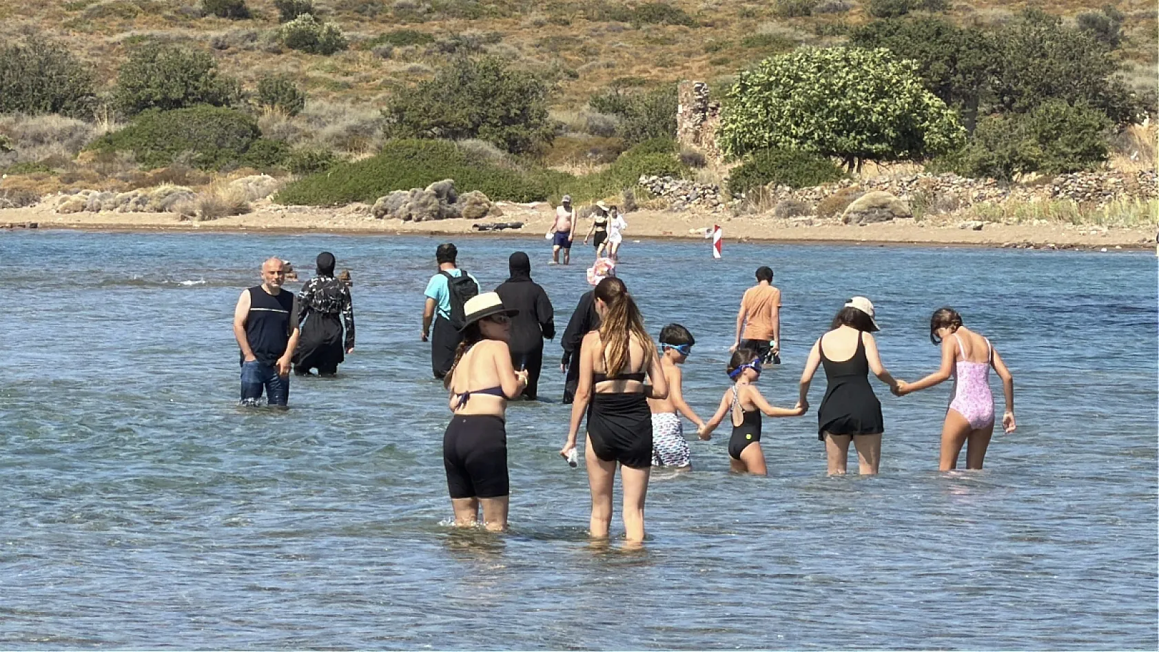 Cunda'dan Maden Adası'na denizden yürüyerek geçiyorlar