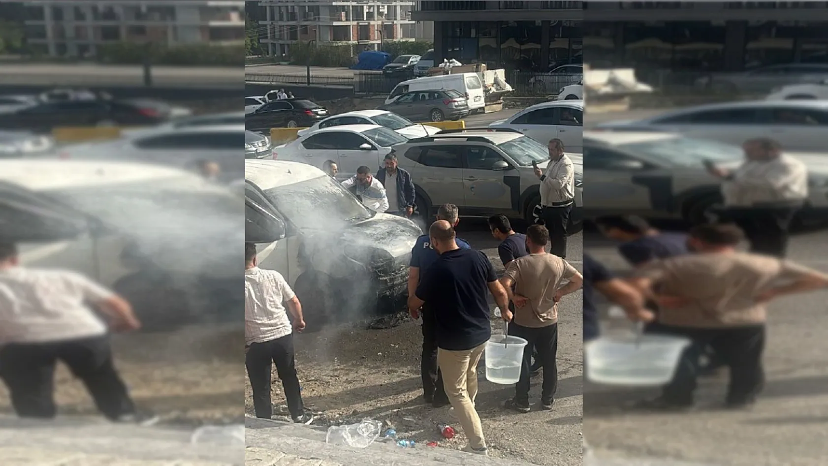 Vatandaşlar kovalarla su taşıdı, araç yanmaktan kurtuldu