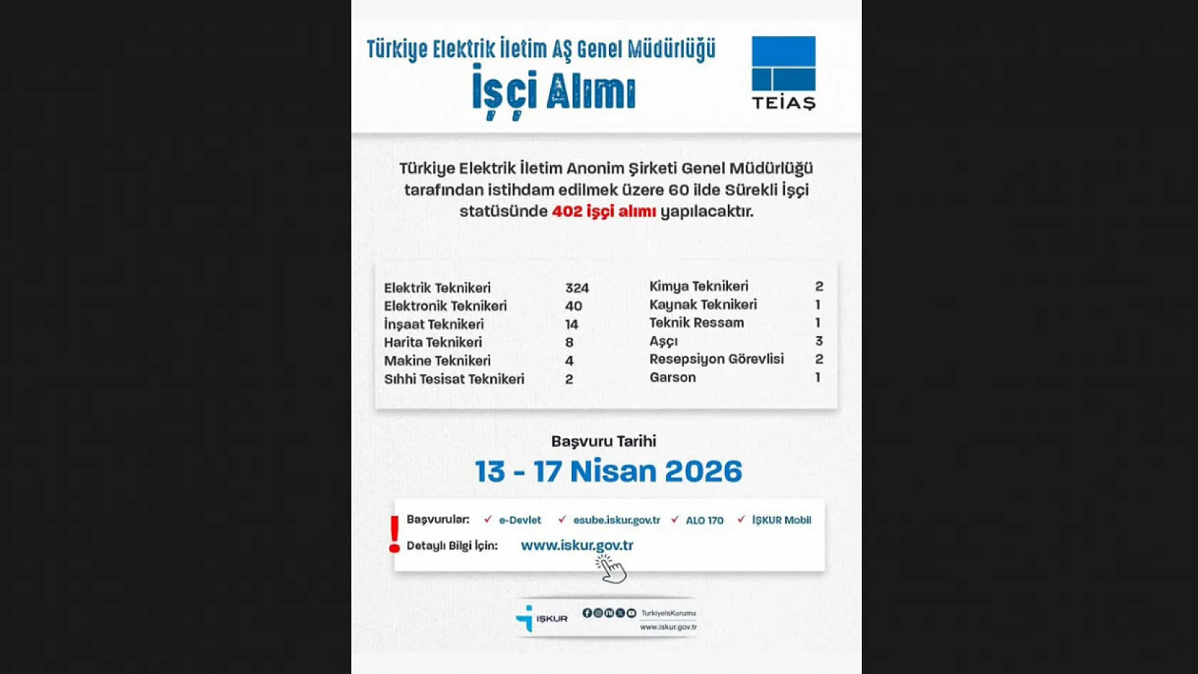 TEİAŞ 402 işçi alacak! Başvuru tarihleri açıklandı