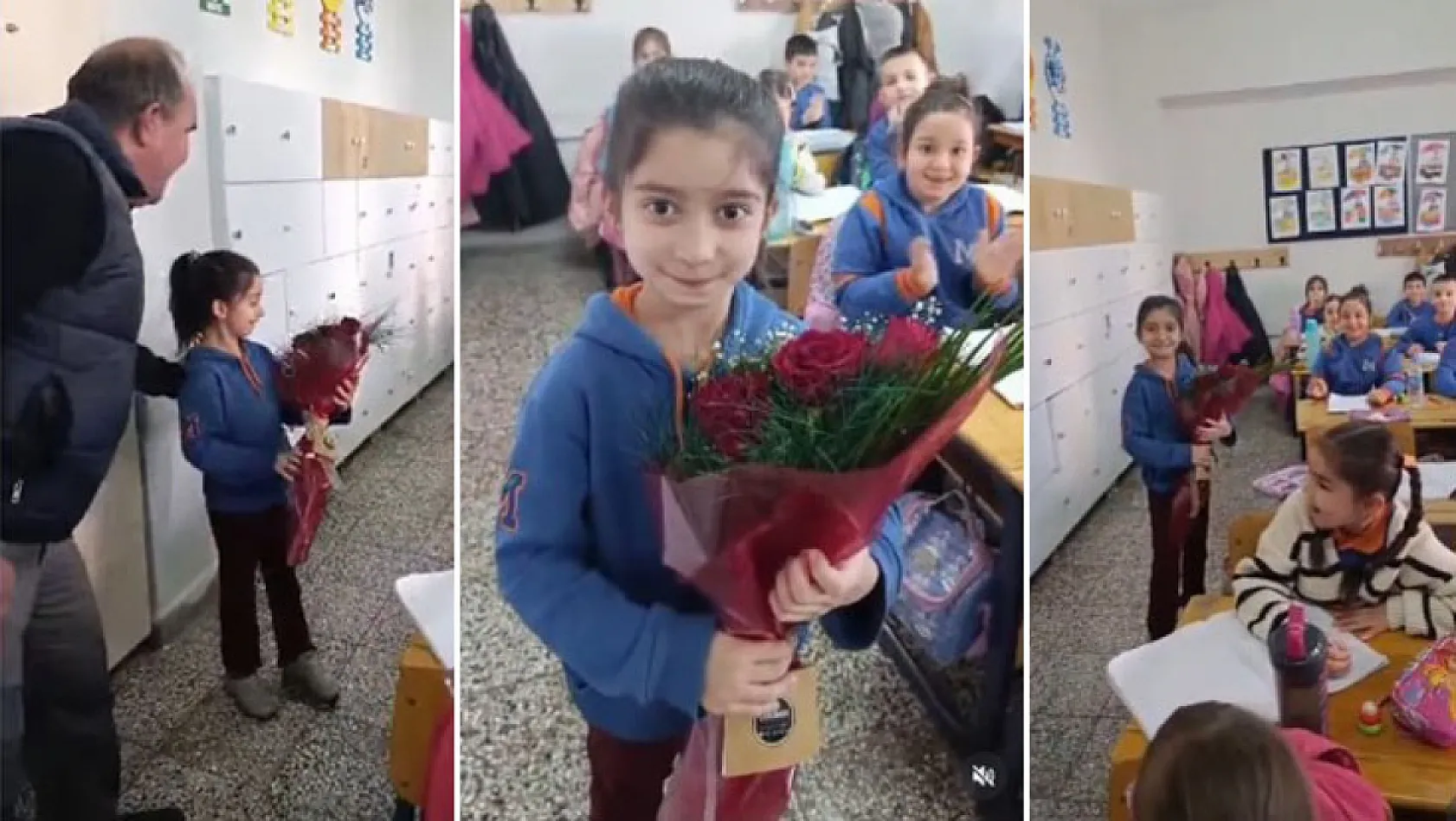 Samsun'da öğrenciye babasından sınıfta sürpriz çiçek