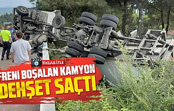 Freni tutmayan kamyon bahçeye devrildi: Sürücü kazayı yara almadan atlattı