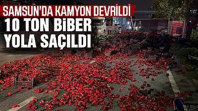 Samsun'da kapya biber yüklü kamyon devrildi, 10 ton biber yola saçıldı
