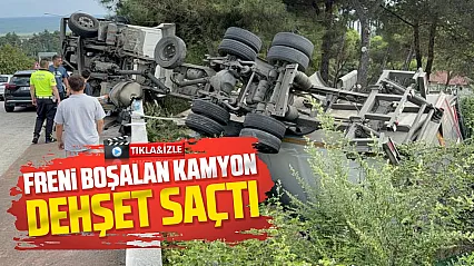 Freni tutmayan kamyon bahçeye devrildi: Sürücü kazayı yara almadan atlattı