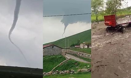 Kars'ta sel ve hortum paniği: Evleri su bastı, hortum kameraya yansıdı