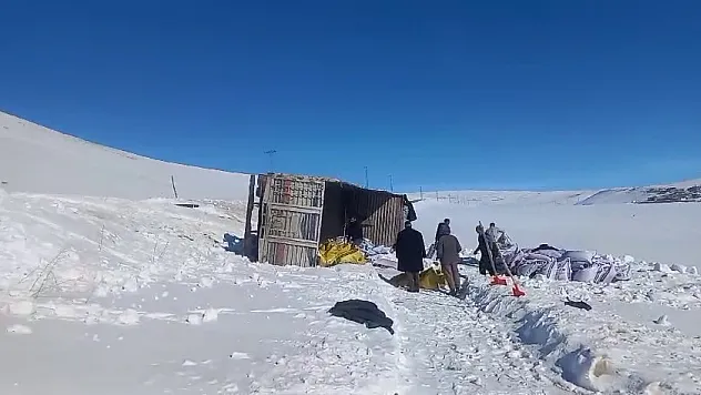 Yem yüklü kamyon devrildi
