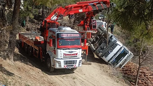 Tomruk yüklü kamyon devrildi sürücü yaralandı
