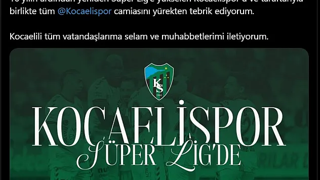 Cumhurbaşkanı Erdoğan'dan, Kocaelispor'a tebrik