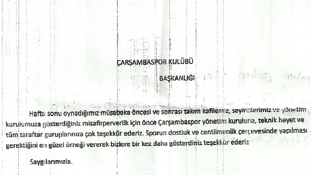 Çarşambaspor Kulübüne teşekkür faksı