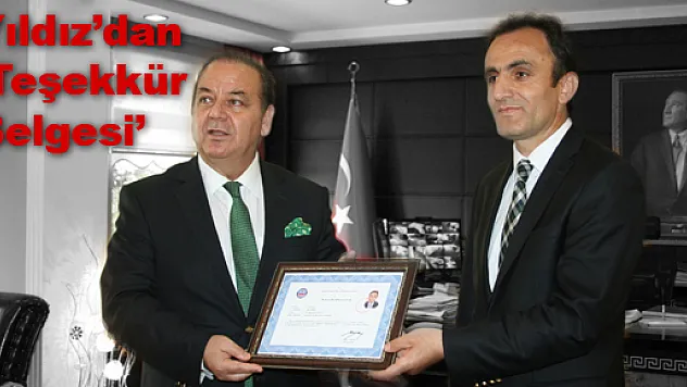 Yıldız'dan 'Teşekkür Belgesi'