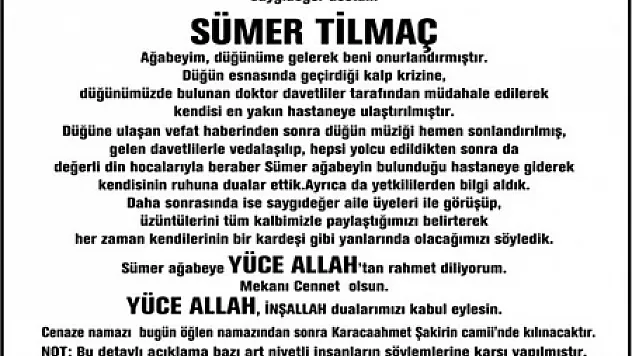 Sedat Peker'den Sümer Tilmaç'ın vefatına gazete ilanıyla açıklama