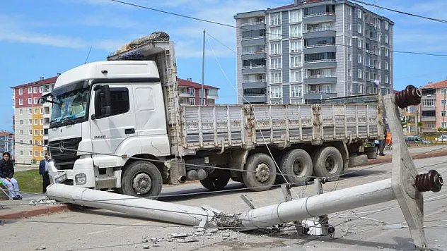 Park halindeki kamyon elektrik direğini yıktı
