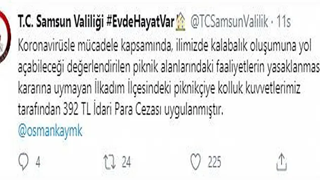 Samsun'da piknikçiye 392 TL ceza