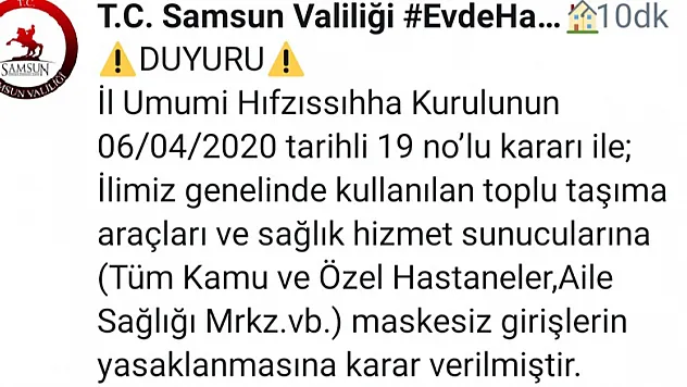 Samsun'da hastanelere maskesiz girmek yasaklandı