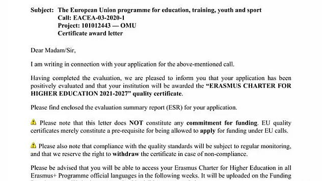 OMÜ'ye tam puanla Erasmus Beyannamesi kalite sertifikası