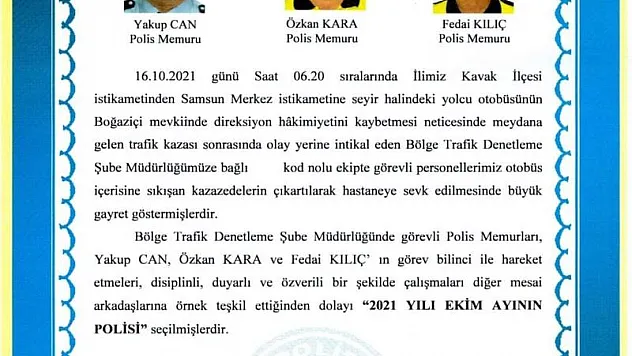 Otobüs kazasına ilk müdahaleyi yapan polisler 'ayın polisi' seçildi