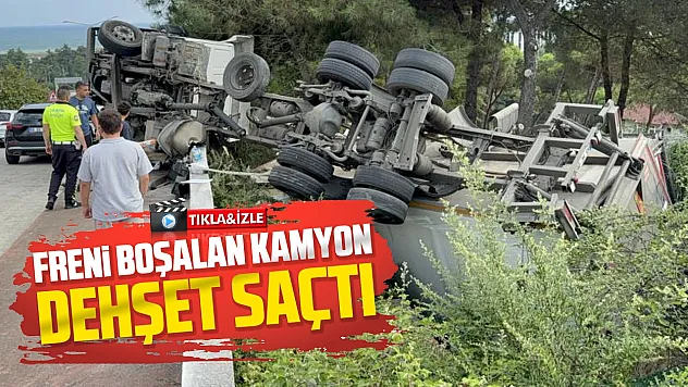 Freni tutmayan kamyon bahçeye devrildi: Sürücü kazayı yara almadan atlattı