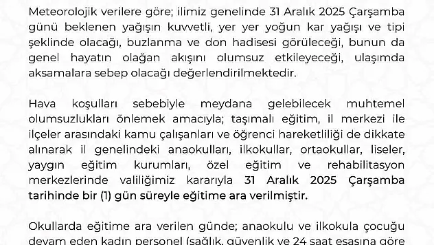 Kayseri'de eğitime 1 gün ara verildi