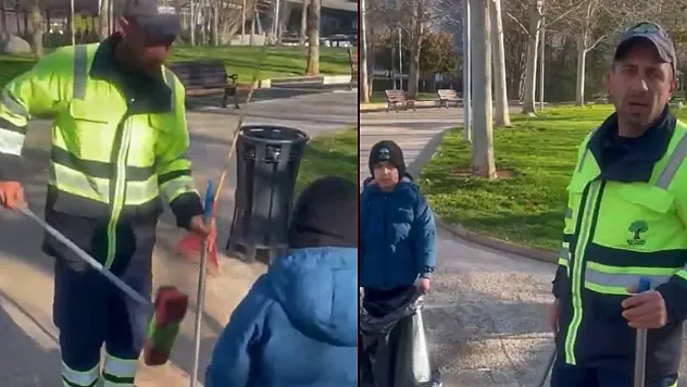 Küçük oğluyla birlikte çalışan temizlik işçisi duygulandırdı