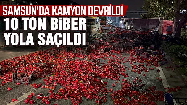 Samsun'da kapya biber yüklü kamyon devrildi, 10 ton biber yola saçıldı