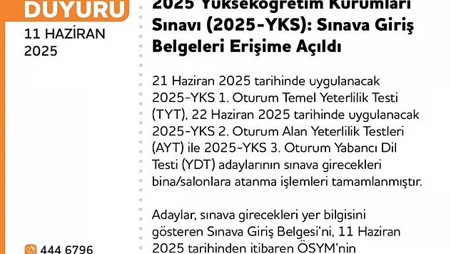 YKS giriş belgeleri erişime açıldı