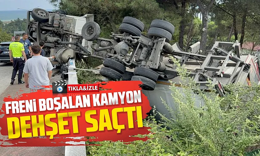 Freni tutmayan kamyon bahçeye devrildi: Sürücü kazayı yara almadan atlattı